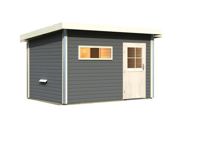 Karibu Saunahaus Skrollan 3 in terragrau 38 mm- ohne Ofen- klassische Tür