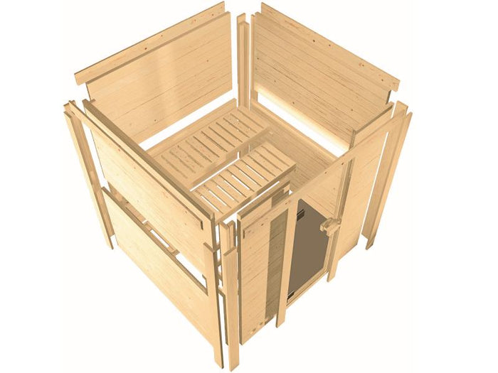 Karibu SaunaSahib 1 inkl. 9 kW Ofen integr. Steuerung, mit klassischer Saunatür -mit Dachkranz-