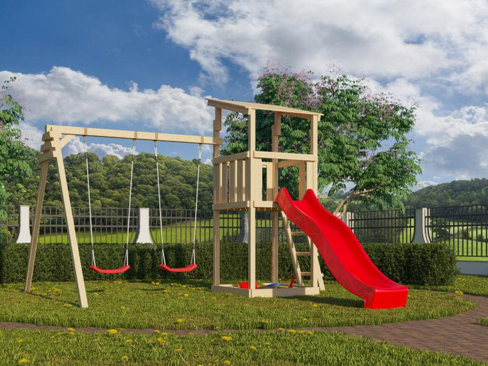 Karibu Spielturm Anna + Rutsche rot + Doppelschaukel