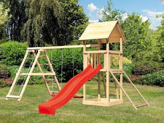 Karibu Spielturm Lotti- Doppelschaukel mit Klettergerüst, Netzrampe und Rutsche in rot