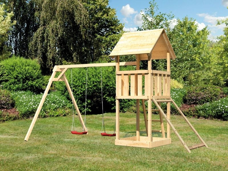 Karibu Spielturm Lotti mit Doppelschaukel und Netzrampe