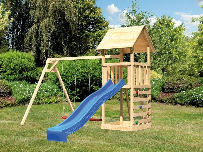 Karibu Spielturm Lotti mit Doppelschaukel, Kletterwand und Rutsche blau