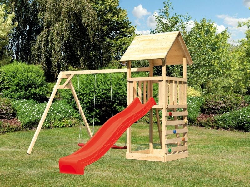 Karibu Spielturm Lotti mit Doppelschaukel, Kletterwand und Rutsche rot