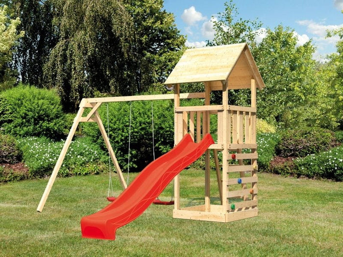 Karibu Spielturm Lotti mit Doppelschaukel, Kletterwand und Rutsche rot