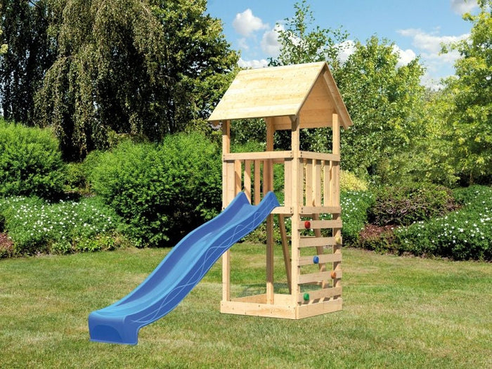 Karibu Spielturm Lotti mit Kletterwand und Rutsche blau