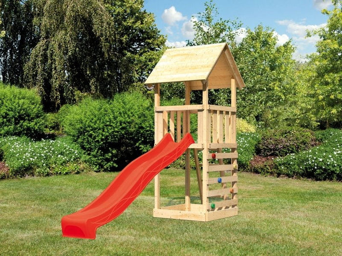 Karibu Spielturm Lotti mit Kletterwand und Rutsche rot