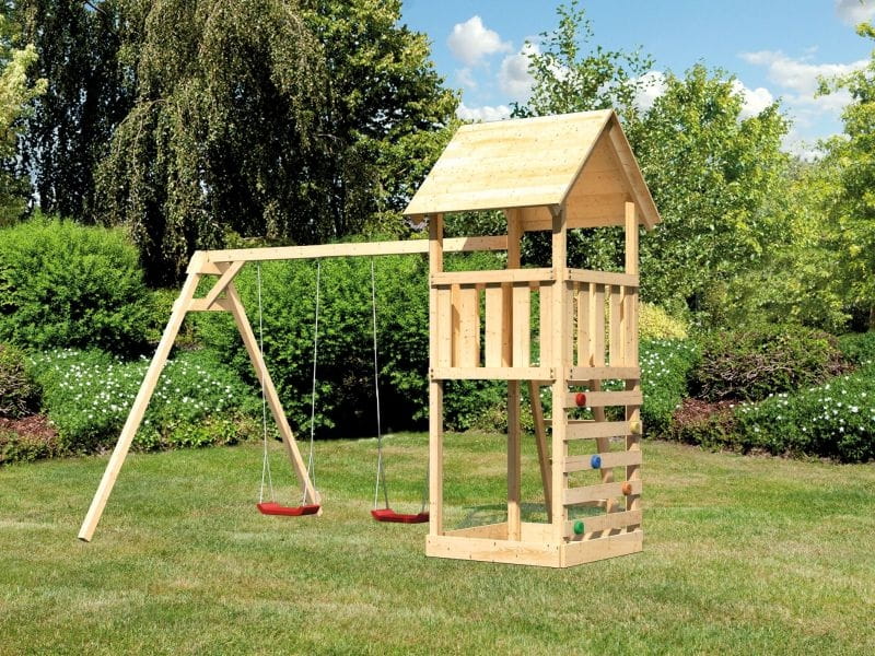 Karibu Spielturm Lotti mit Kletterwand und Doppelschaukel