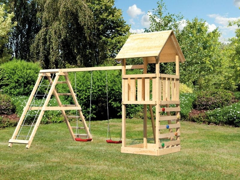Karibu Spielturm Lotti mit Kletterwand und Doppelschaukel inkl. Klettergerüst