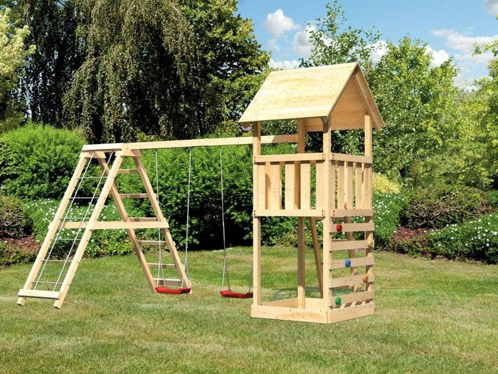 Karibu Spielturm Lotti mit Kletterwand und Doppelschaukel inkl. Klettergerüst
