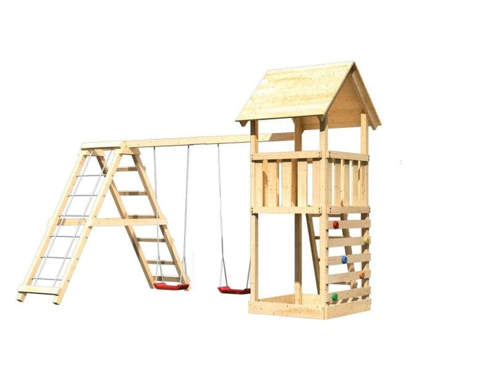 Karibu Spielturm Lotti mit Kletterwand und Doppelschaukel inkl. Klettergerüst