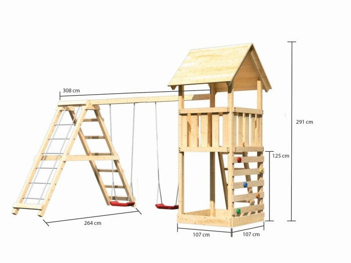 Karibu Spielturm Lotti mit Kletterwand und Doppelschaukel inkl. Klettergerüst