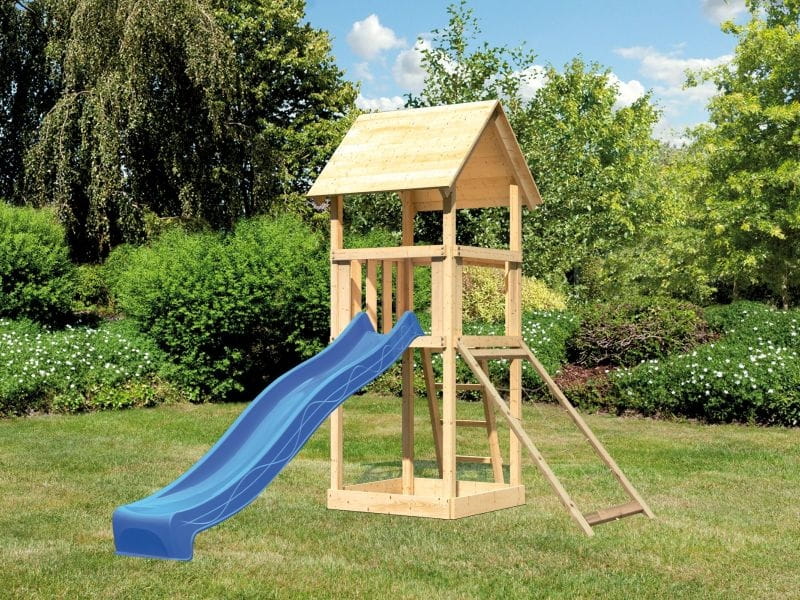 Karibu Spielturm Lotti mit Netzrampe und Rutsche blau