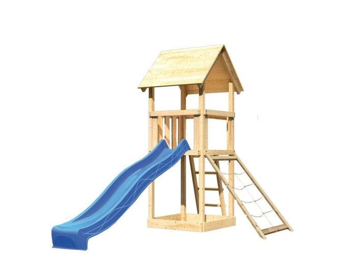 Karibu Spielturm Lotti mit Netzrampe und Rutsche blau
