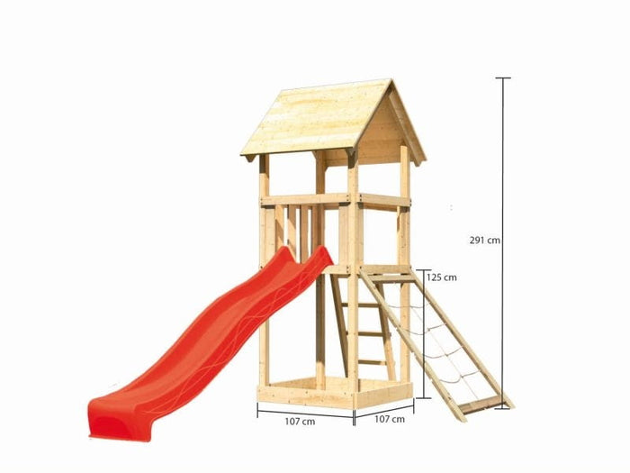 Karibu Spielturm Lotti mit Netzrampe und Rutsche rot