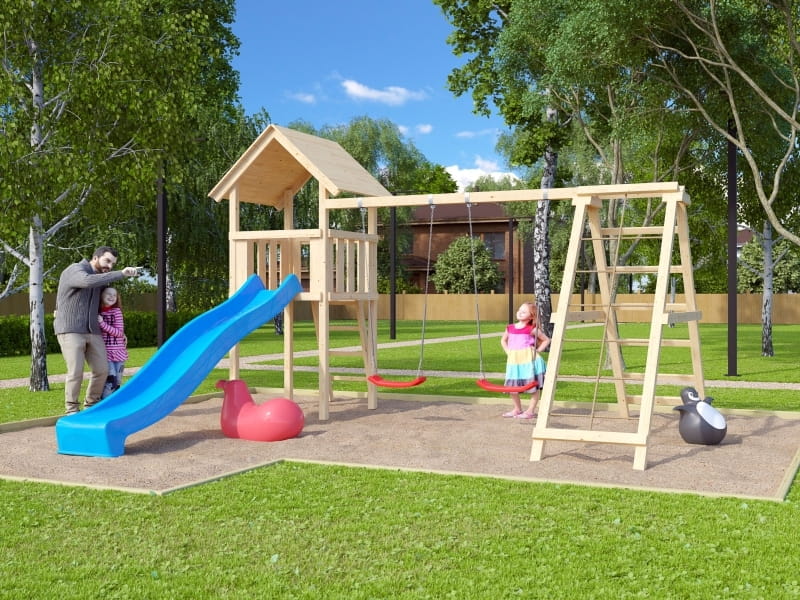 Karibu Spielturm Lotti mit Rutsche in blau und Doppelschaukel inkl. Klettergerüst