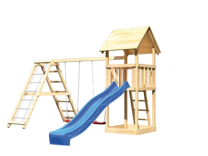Karibu Spielturm Lotti mit Rutsche in blau und Doppelschaukel inkl. Klettergerüst