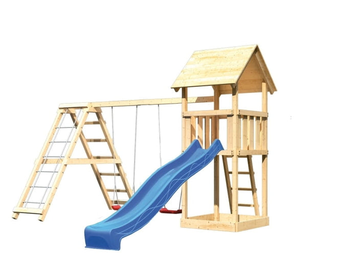 Karibu Spielturm Lotti mit Rutsche in blau und Doppelschaukel inkl. Klettergerüst
