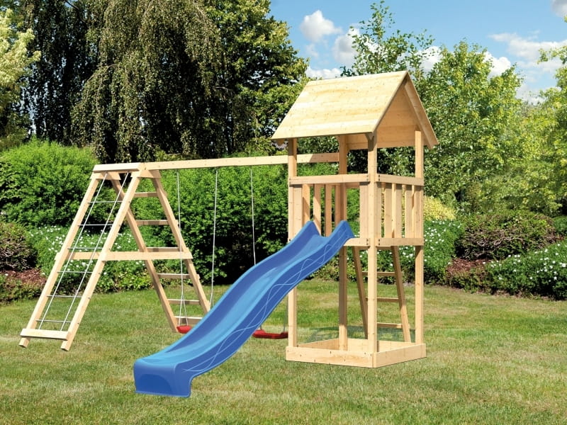 Karibu Spielturm Lotti mit Rutsche in blau und Doppelschaukel inkl. Klettergerüst