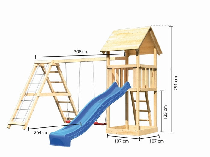 Karibu Spielturm Lotti mit Rutsche in blau und Doppelschaukel inkl. Klettergerüst