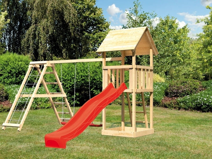 Karibu Spielturm Lotti mit Rutsche in rot und Doppelschaukel inkl. Klettergerüst