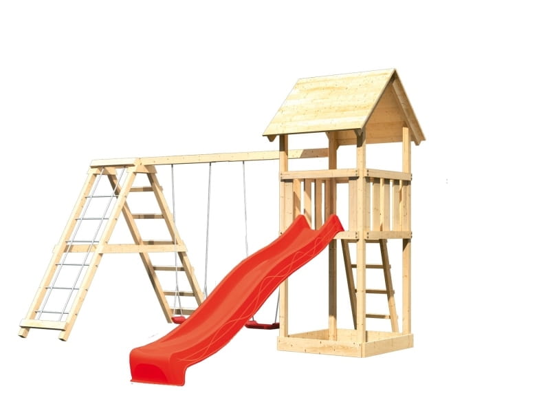Karibu Spielturm Lotti mit Rutsche in rot und Doppelschaukel inkl. Klettergerüst