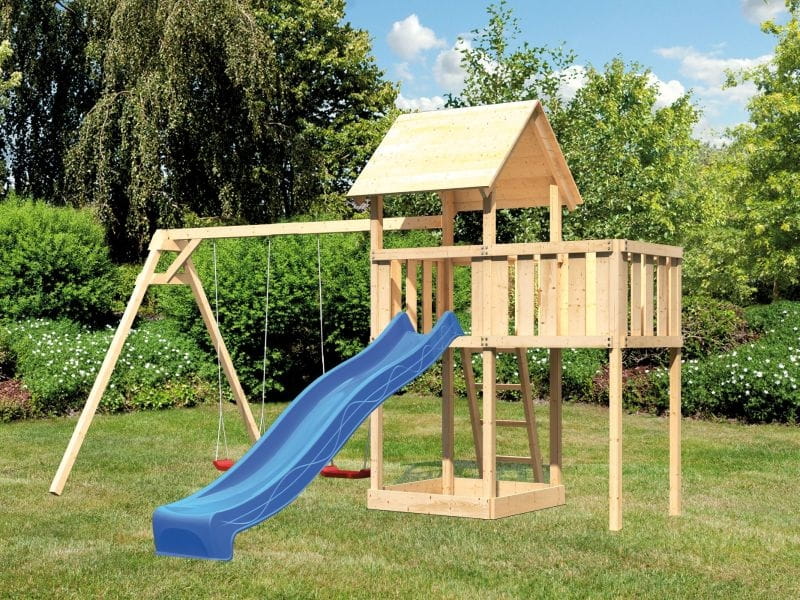 Karibu Spielturm Lotti natur- Anbauplattform- Doppelschaukel- Rutsche blau