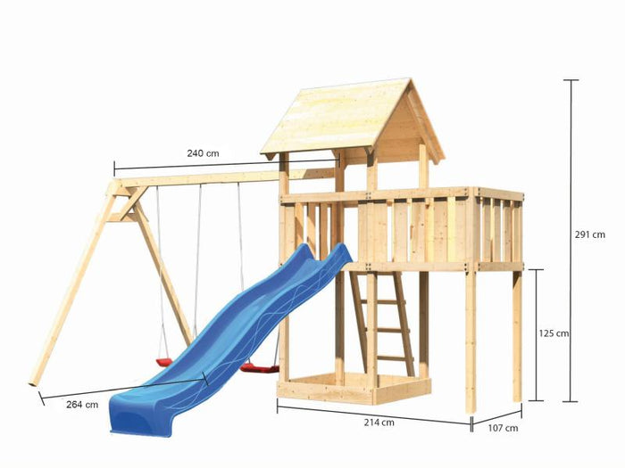 Karibu Spielturm Lotti natur- Anbauplattform- Doppelschaukel- Rutsche blau