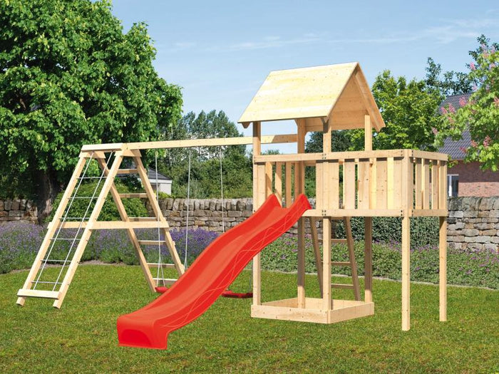 Karibu Spielturm Lotti natur- Anbauplattform- Doppelschaukel inkl. Klettergerüst- Rutsche rot