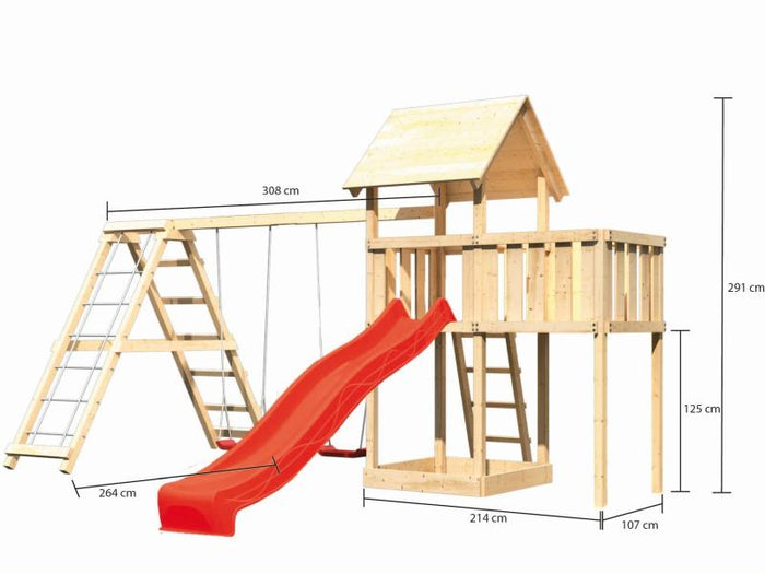 Karibu Spielturm Lotti natur- Anbauplattform- Doppelschaukel inkl. Klettergerüst- Rutsche rot