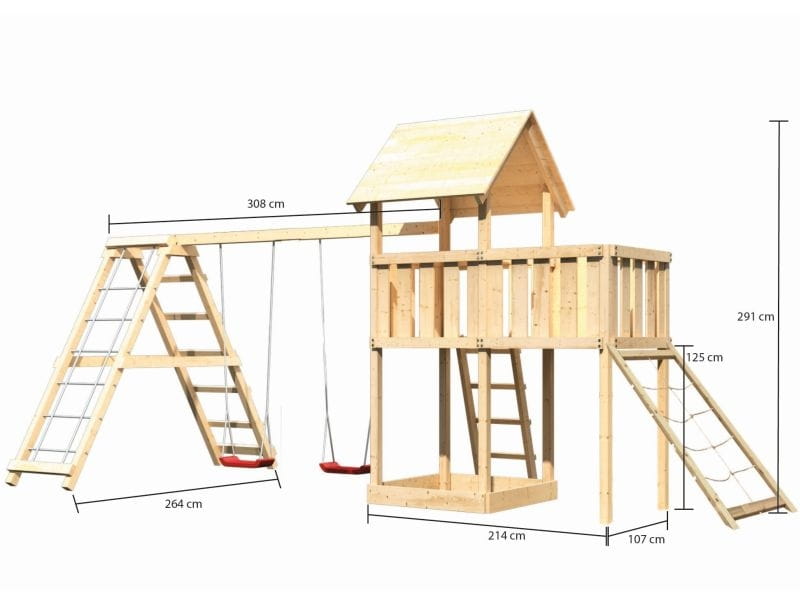 Karibu Spielturm Lotti natur- Anbauplattform- Doppelschaukel inkl. Klettergerüst- Netzrampe