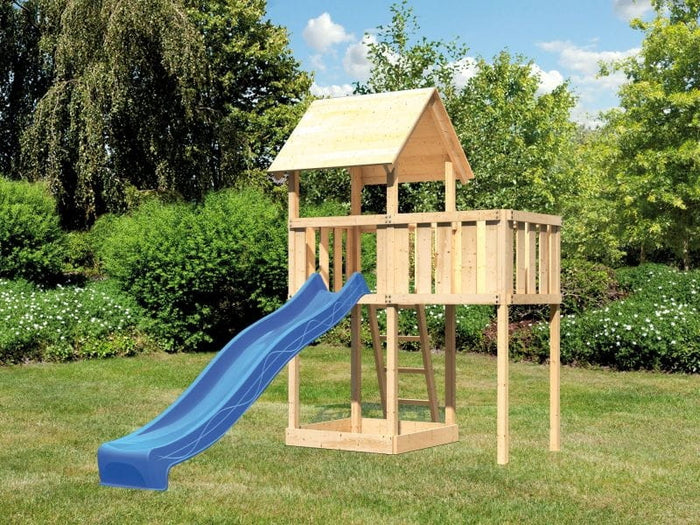 Karibu Spielturm Lotti natur mit Anbauplattform und Rutsche blau