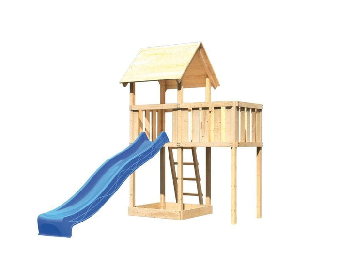Karibu Spielturm Lotti natur mit Anbauplattform und Rutsche blau