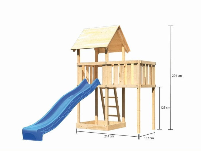 Karibu Spielturm Lotti natur mit Anbauplattform und Rutsche blau