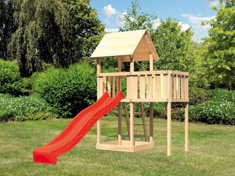 Karibu Spielturm Lotti natur mit Anbauplattform und Rutsche rot