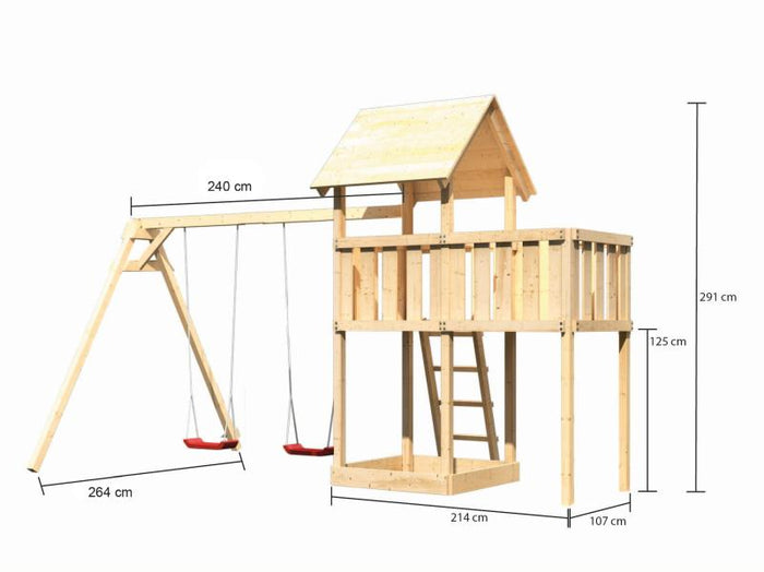 Karibu Spielturm Lotti natur mit Anbauplattform und Doppelschaukel