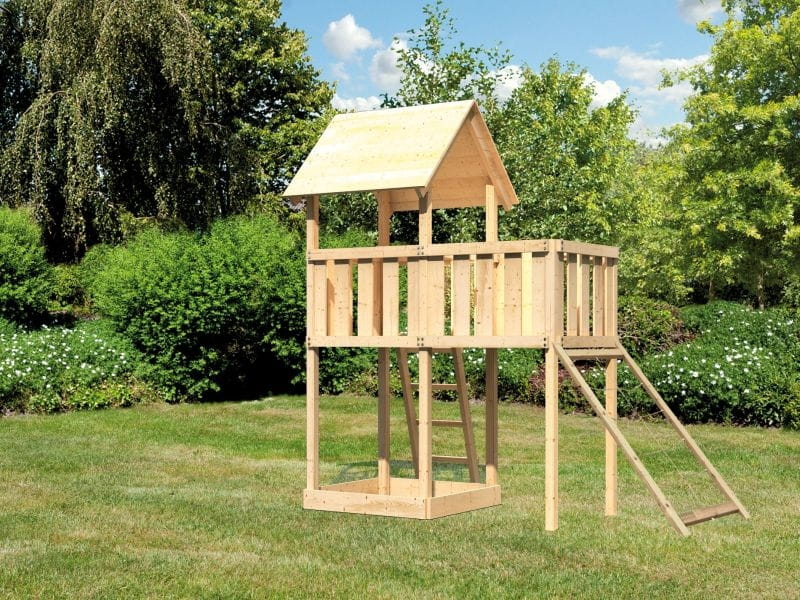 Karibu Spielturm Lotti natur mit Anbauplattform und Netzrampe
