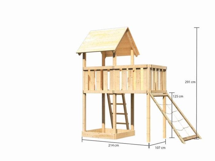 Karibu Spielturm Lotti natur mit Anbauplattform und Netzrampe
