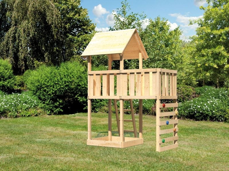 Karibu Spielturm Lotti natur mit Anbauplattform und Kletterwand
