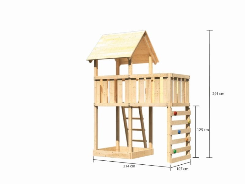 Karibu Spielturm Lotti natur mit Anbauplattform und Kletterwand