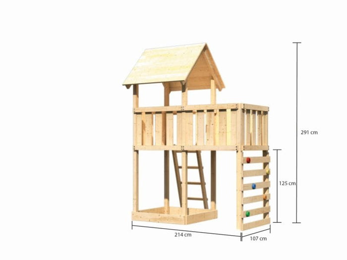 Karibu Spielturm Lotti natur mit Anbauplattform und Kletterwand