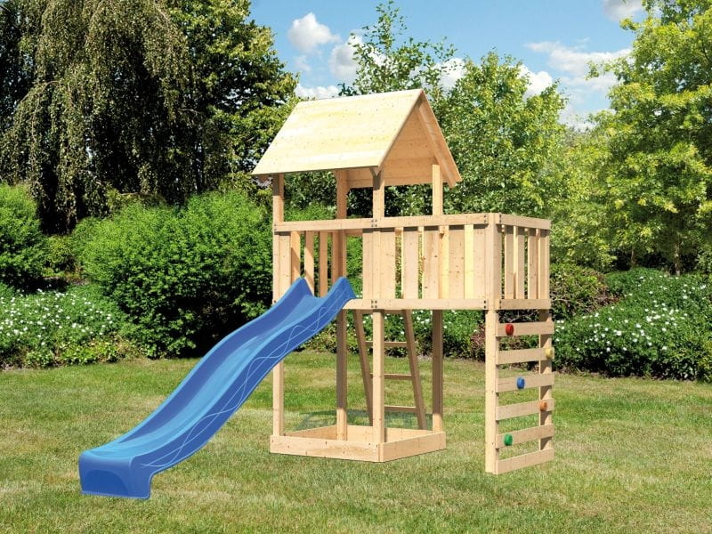 Karibu Spielturm Lotti natur mit Anbauplattform, Kletterwand und Rutsche blau