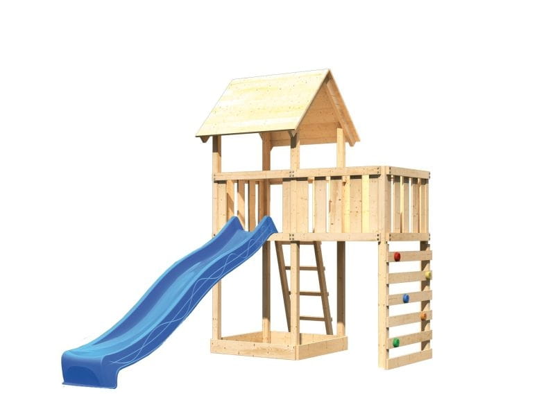 Karibu Spielturm Lotti natur mit Anbauplattform, Kletterwand und Rutsche blau