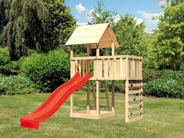 Karibu Spielturm Lotti natur mit Anbauplattform, Kletterwand und Rutsche rot