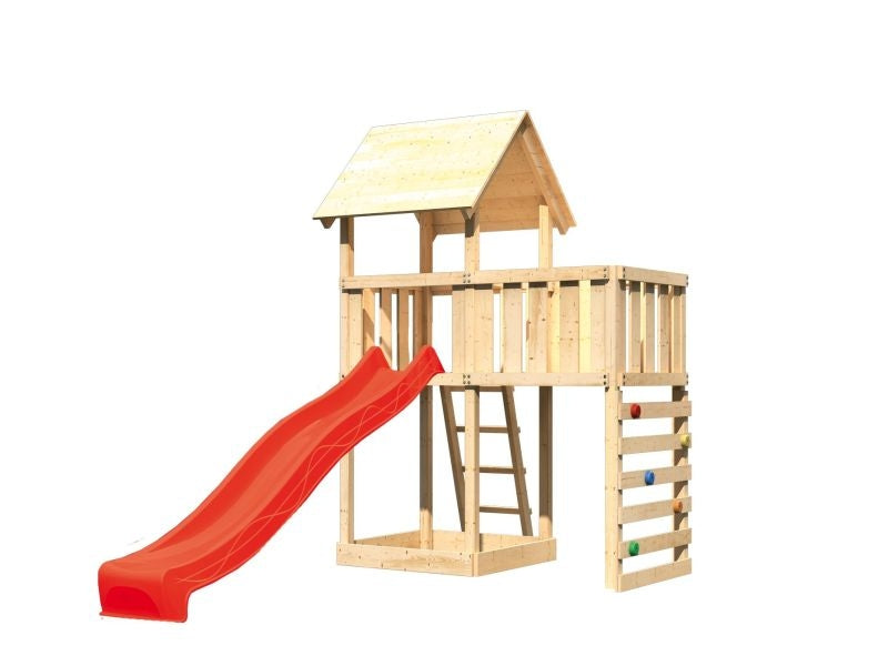 Karibu Spielturm Lotti natur mit Anbauplattform, Kletterwand und Rutsche rot