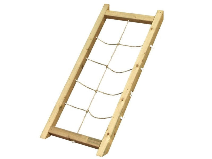 Karibu Spielturm Lotti natur mit Anbauplattform, Netzrampe und Rutsche blau