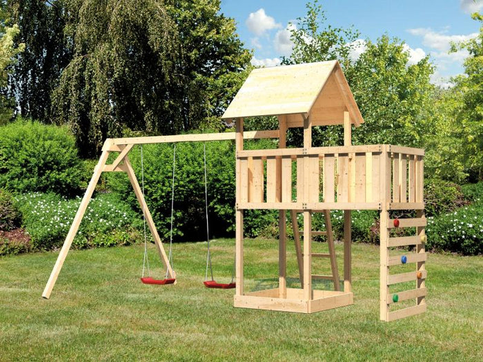 Karibu Spielturm Lotti Satteldach + Doppelschaukel + Anbauplattform + Kletterwand