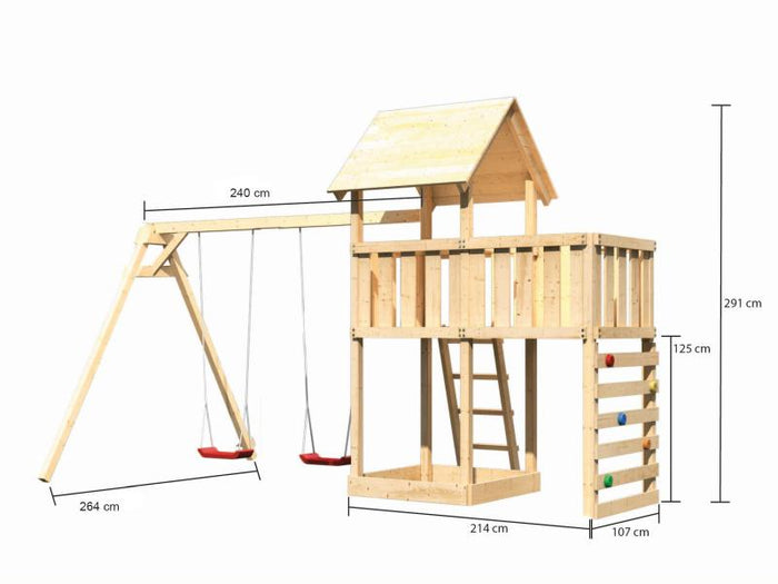 Karibu Spielturm Lotti Satteldach + Doppelschaukel + Anbauplattform + Kletterwand
