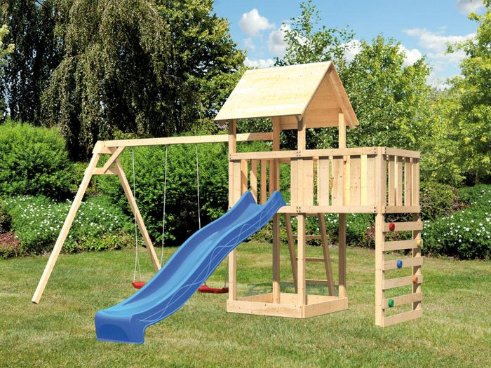 Karibu Spielturm Lotti Satteldach + Rutsche blau + Doppelschaukel + Anbauplattform + Kletterwand