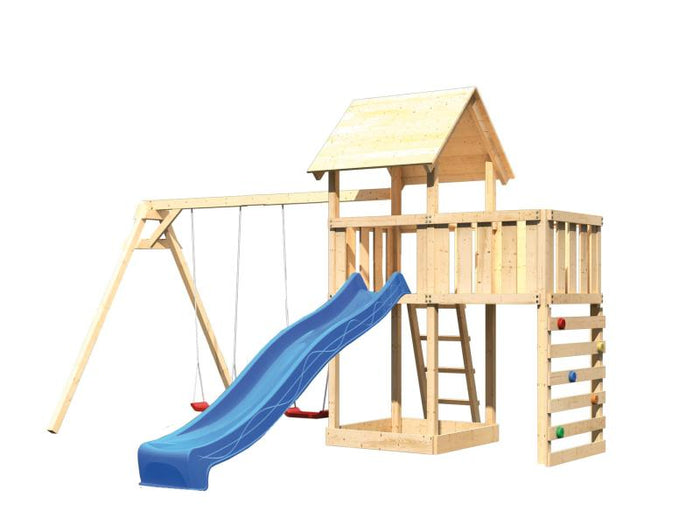 Karibu Spielturm Lotti Satteldach + Rutsche blau + Doppelschaukel + Anbauplattform + Kletterwand