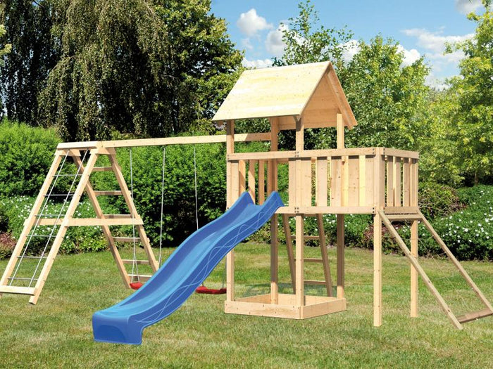 Karibu Spielturm Lotti Satteldach + Rutsche blau + Doppelschaukelanbau Klettergerüst + Anbauplattfor